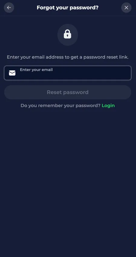 NineWin password reset screen with email field